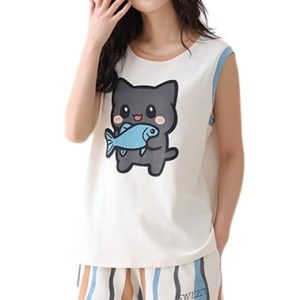 Women's Cotton Blend Printed Shorts Night Suit Sleeveless - Style 086
