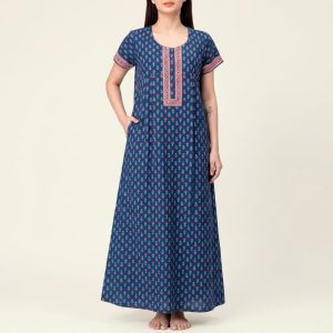Women’s Cotton Printed Nightdress with Pocket – Style 042