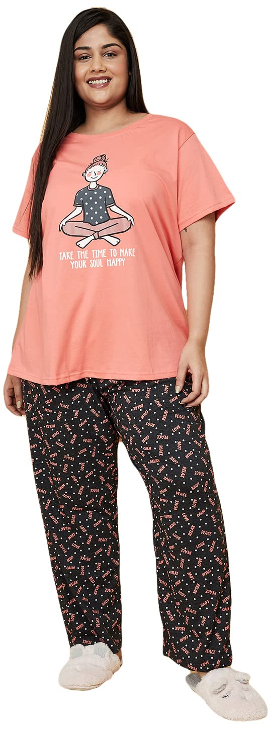 Women Plus Size Cotton T-Shirt and Pyjama Set