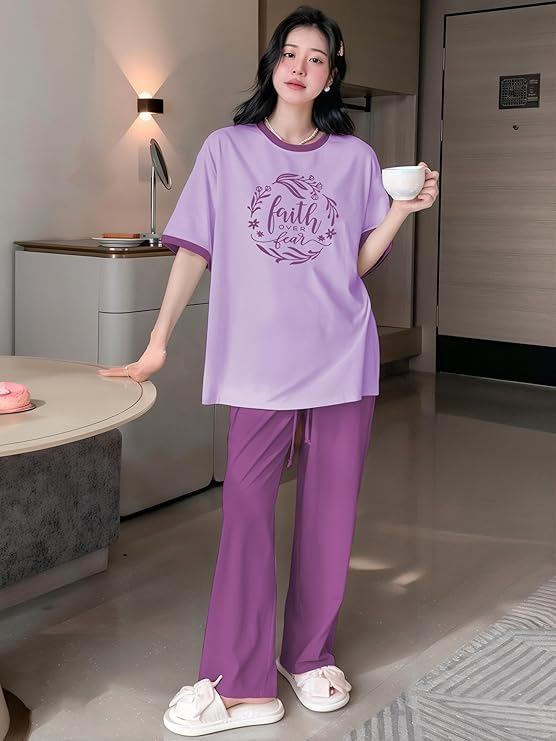 Women Round Neck Printed Nightsuit Set - Image 64