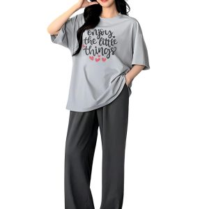 Women Round Neck Short Sleeve Nightsuit Set