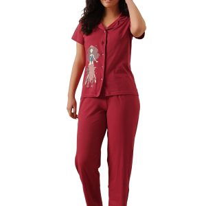 Women Cotton Button Down Pyjama Night Suit Set