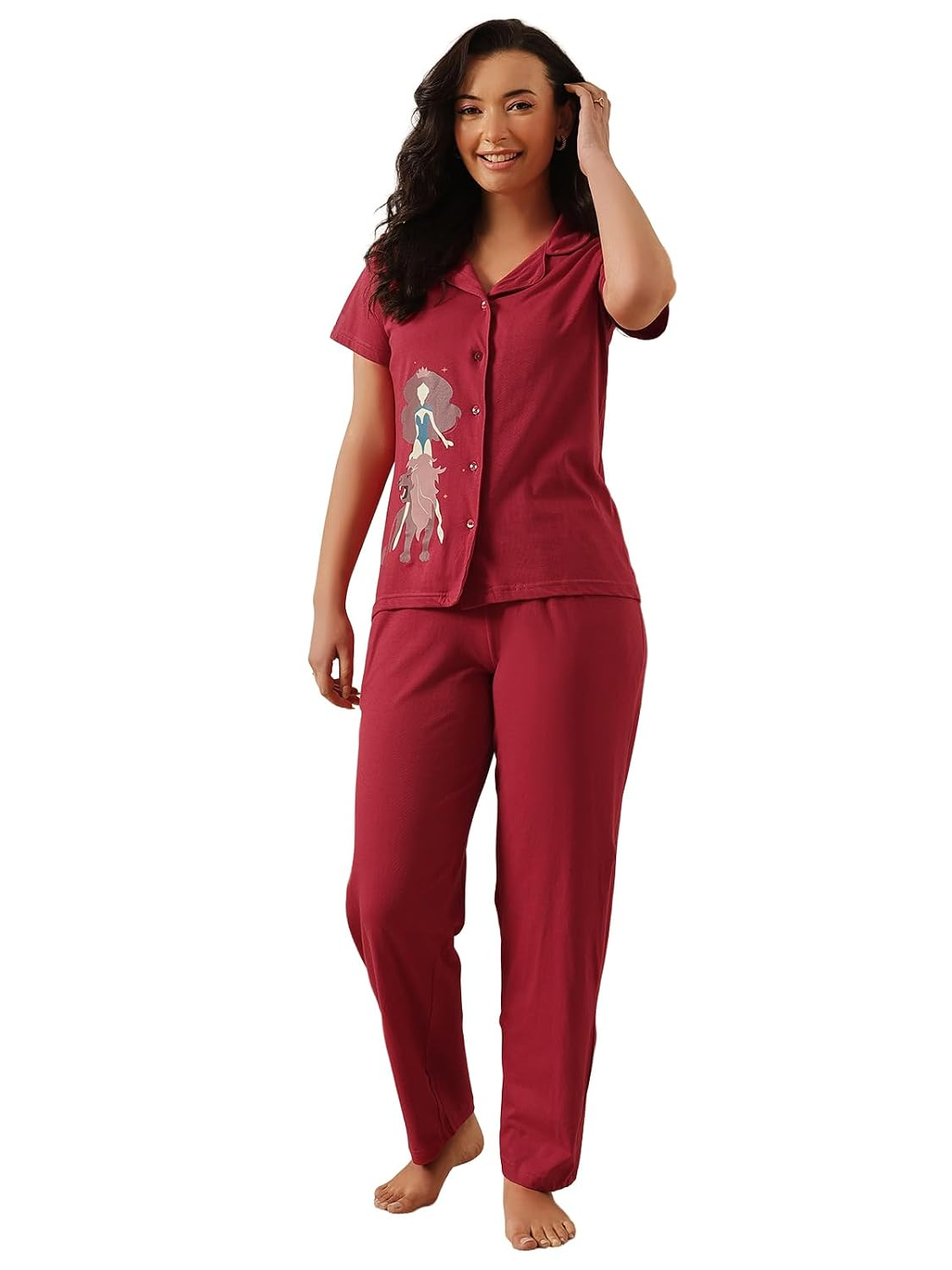 Women Cotton Button Down Pyjama Night Suit Set