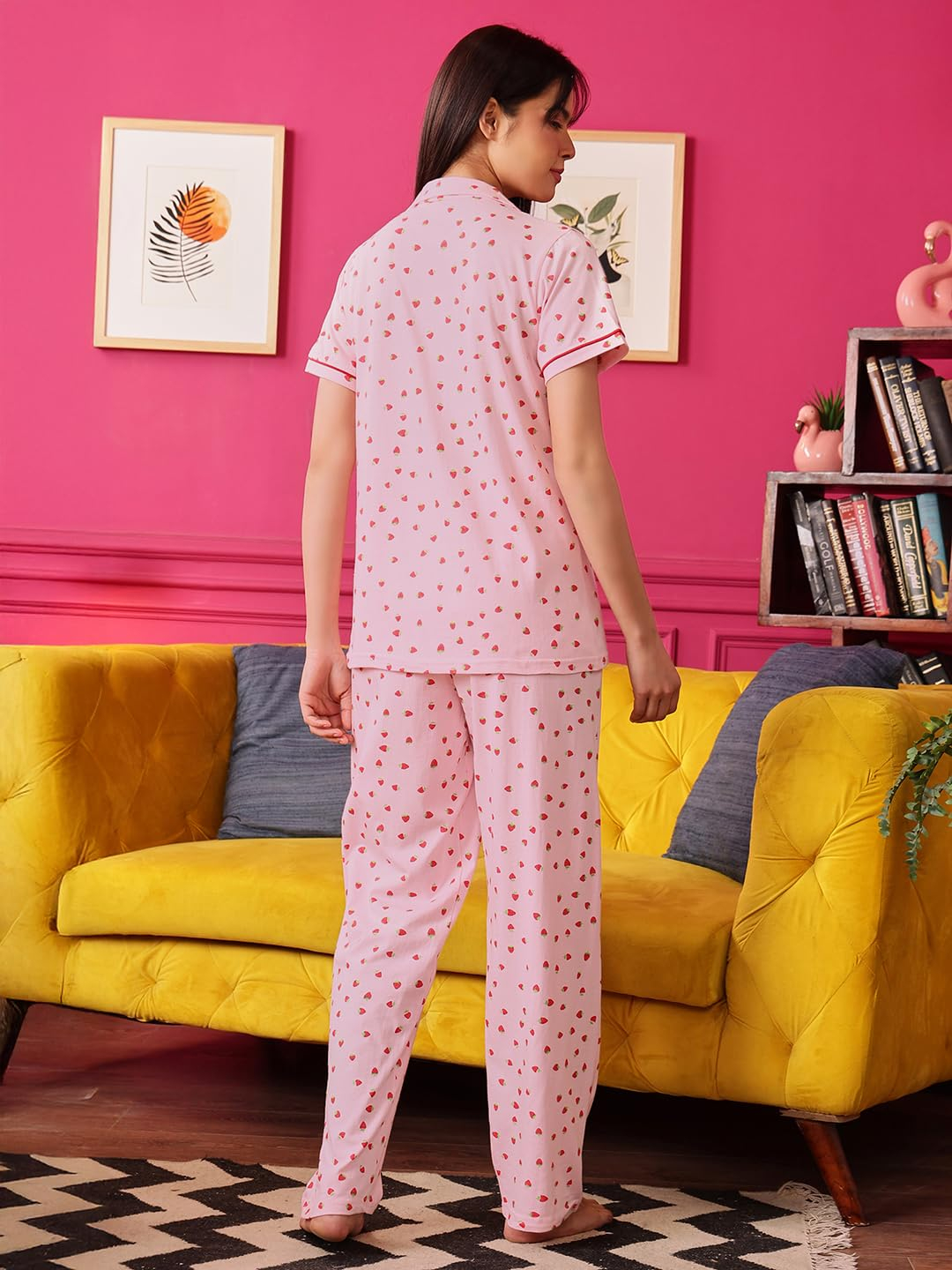 Women Cotton Button Down Pyjama Night Suit Set - Image 22
