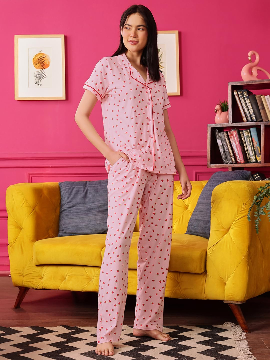 Women Cotton Button Down Pyjama Night Suit Set - Image 23