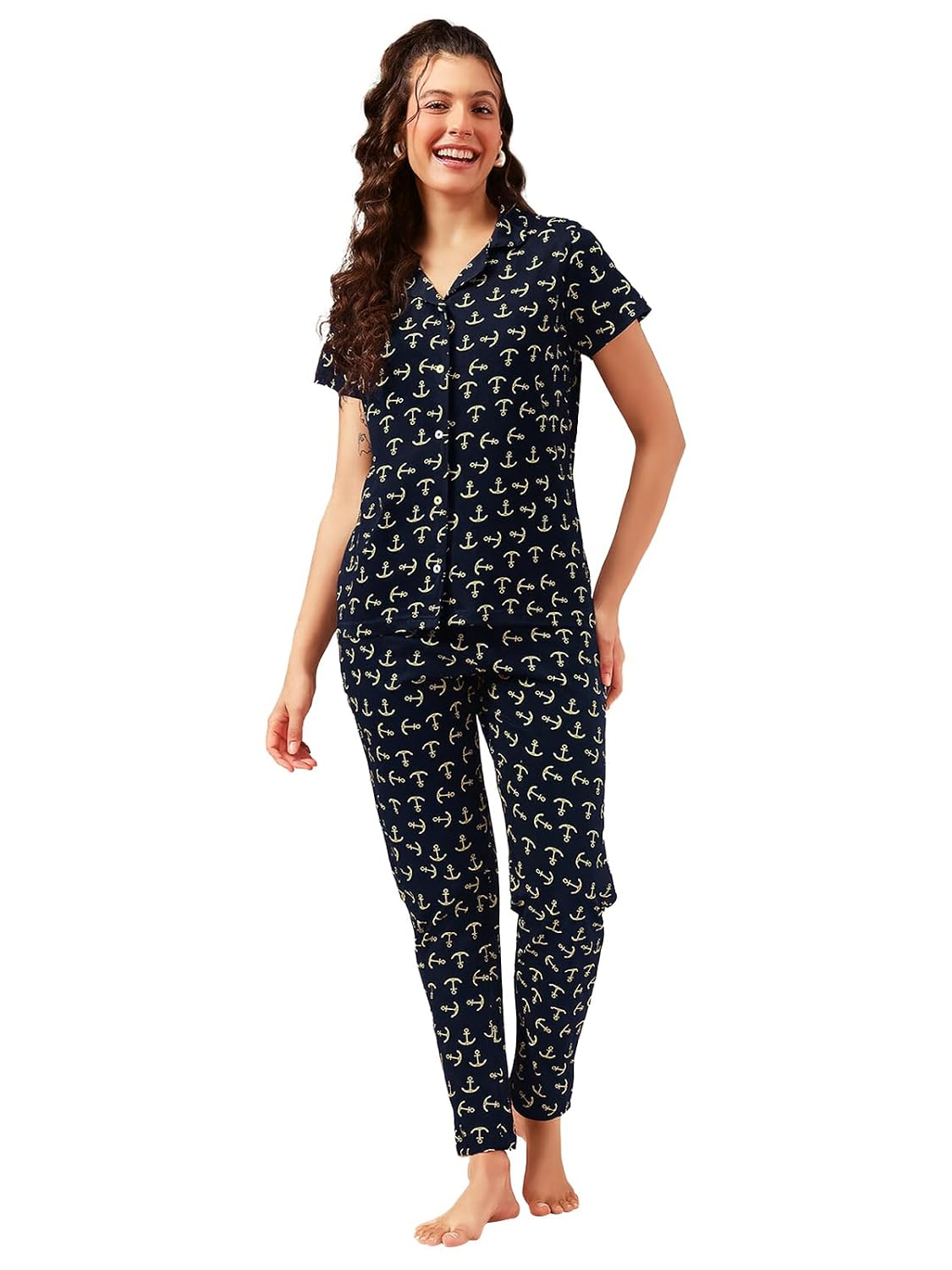 Women Cotton Button Down Pyjama Night Suit Set - Image 38