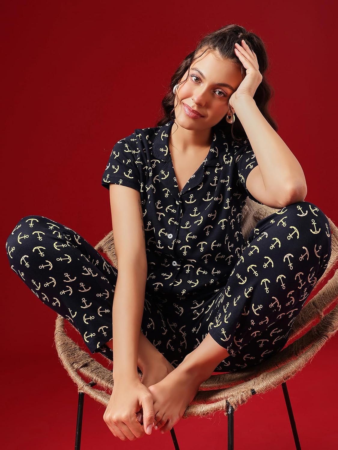 Women Cotton Button Down Pyjama Night Suit Set - Image 40