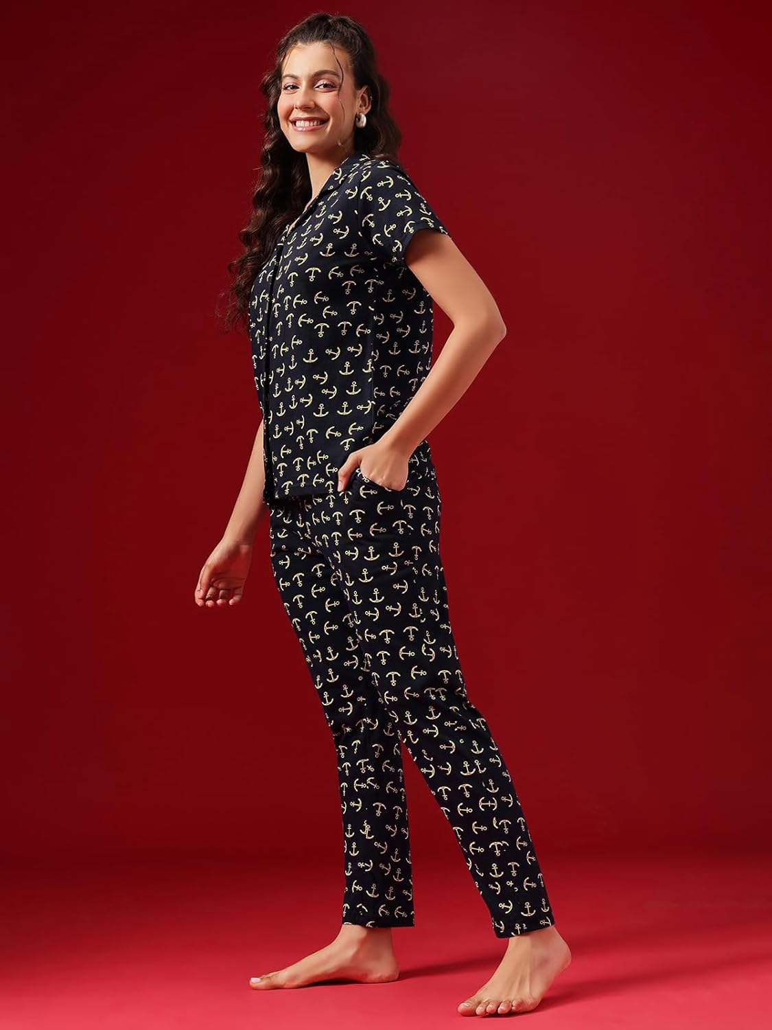 Women Cotton Button Down Pyjama Night Suit Set - Image 41