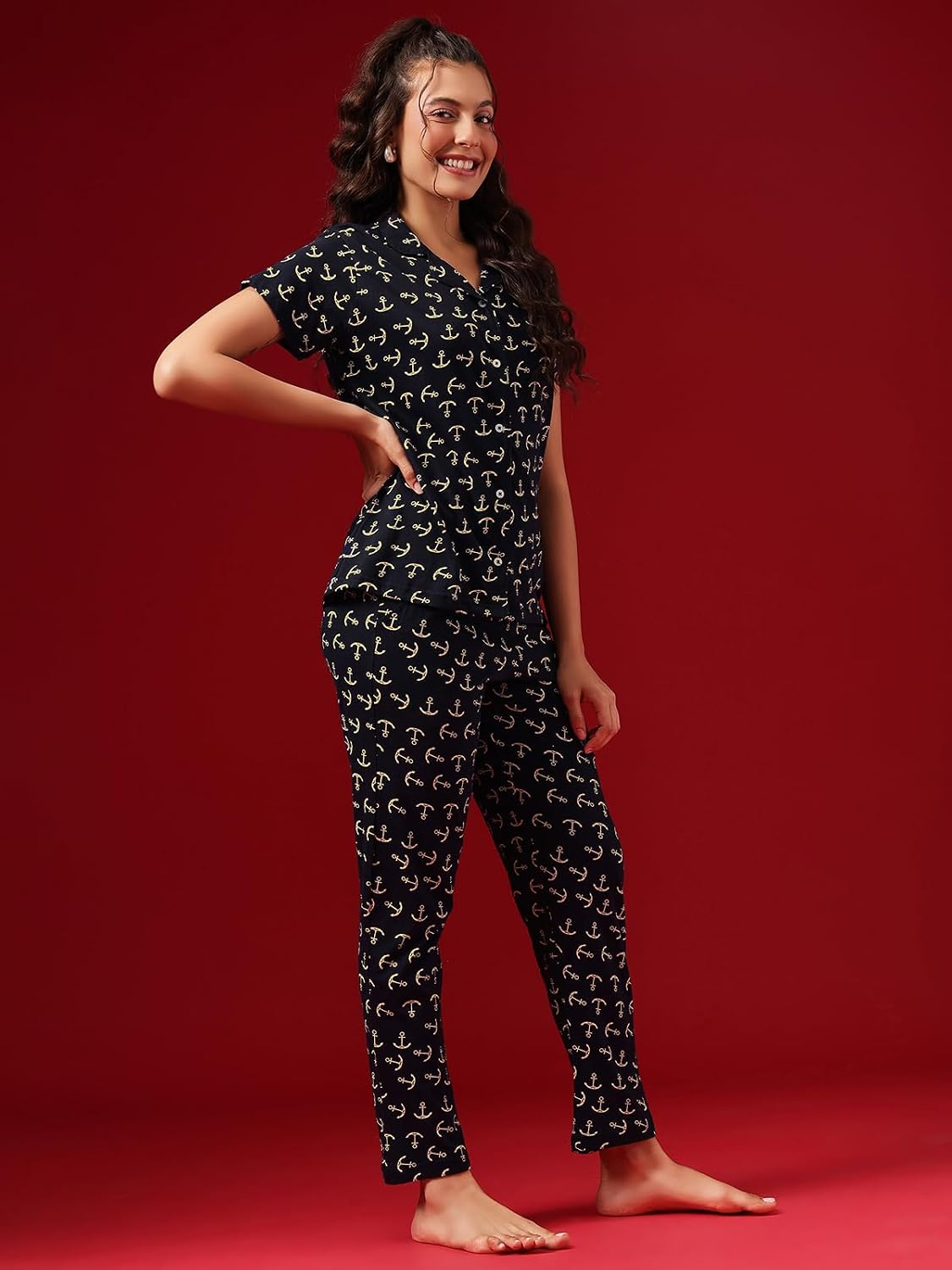 Women Cotton Button Down Pyjama Night Suit Set - Image 42