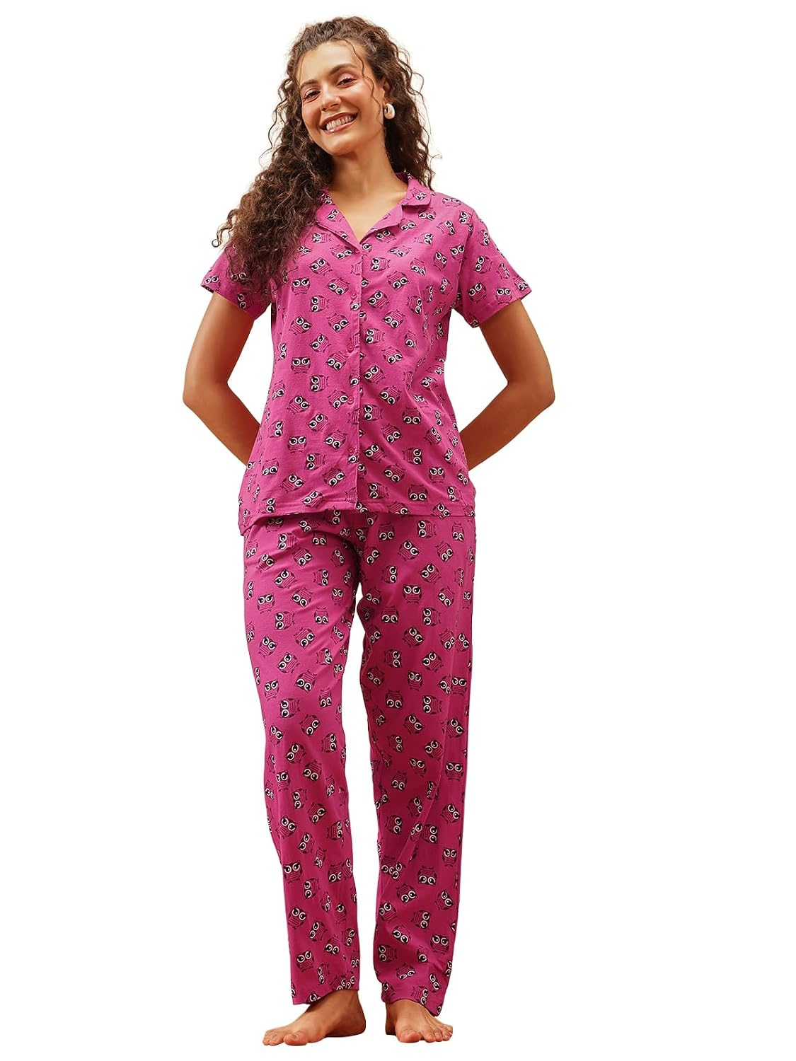 Women Cotton Button Down Pyjama Night Suit Set - Image 53