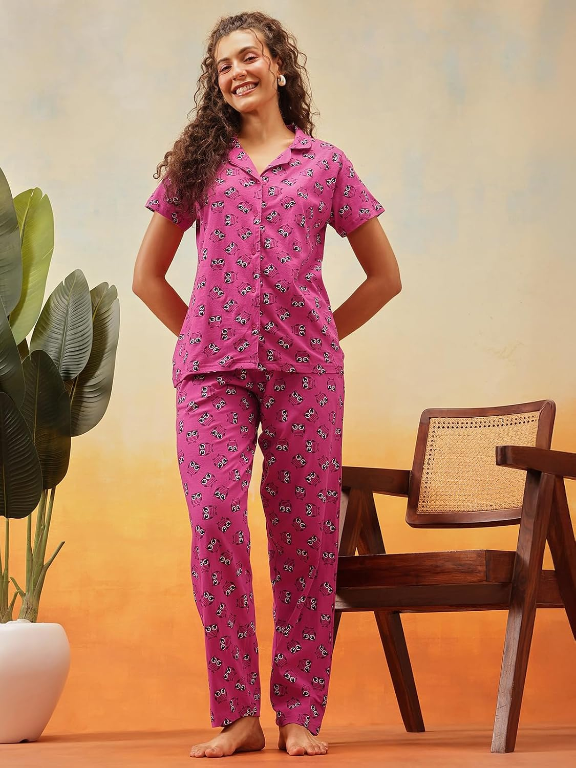 Women Cotton Button Down Pyjama Night Suit Set - Image 54