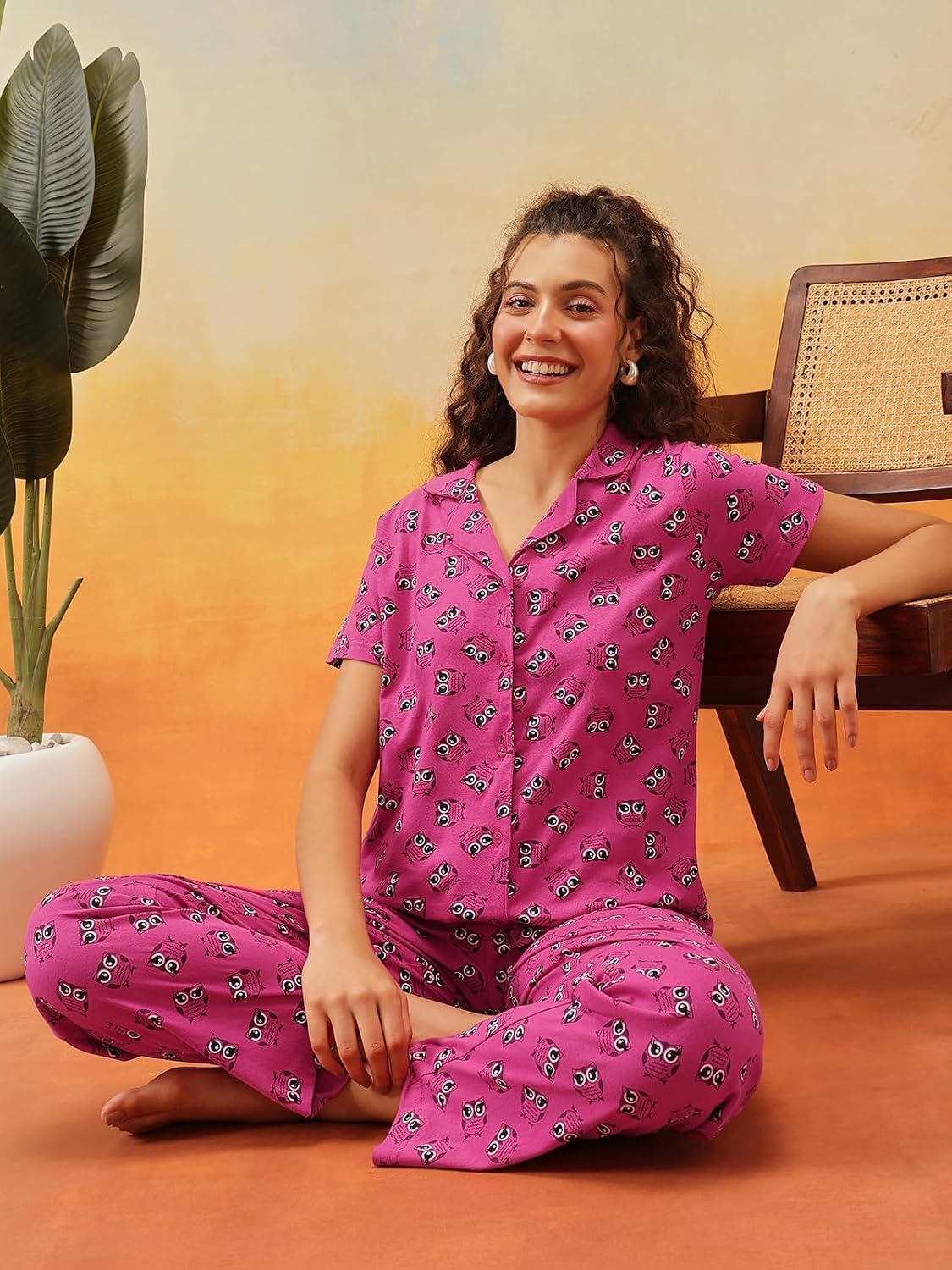Women Cotton Button Down Pyjama Night Suit Set - Image 55