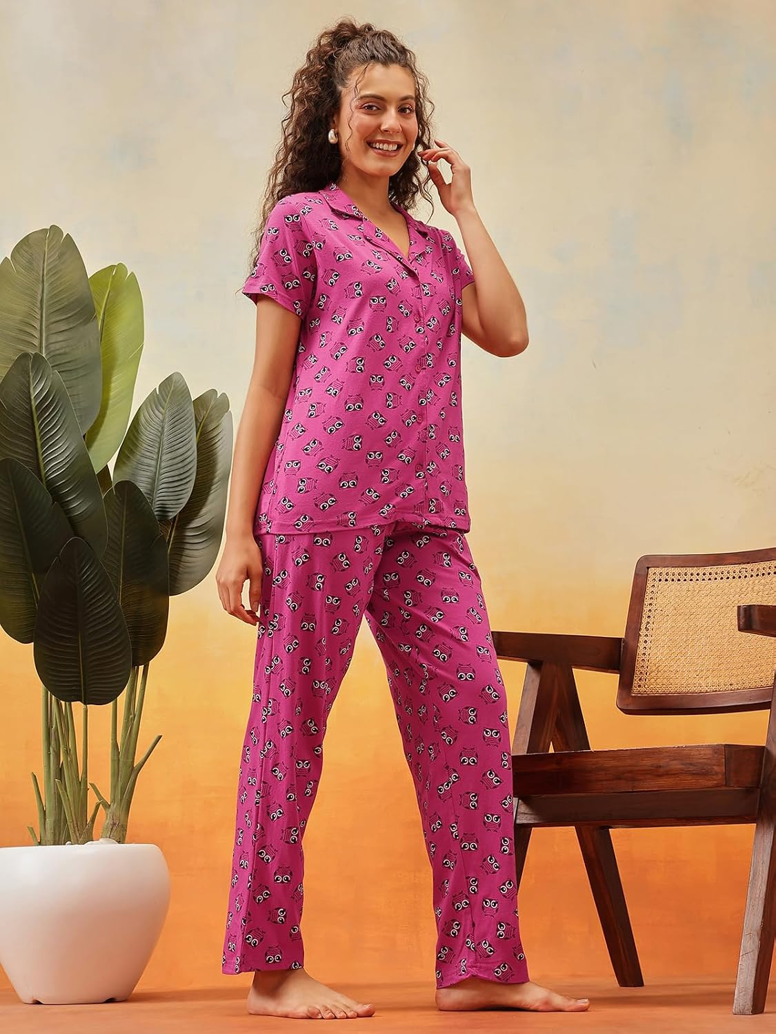 Women Cotton Button Down Pyjama Night Suit Set - Image 56