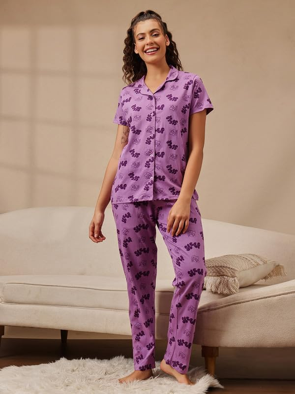 Women Cotton Button Down Pyjama Night Suit Set - Image 64
