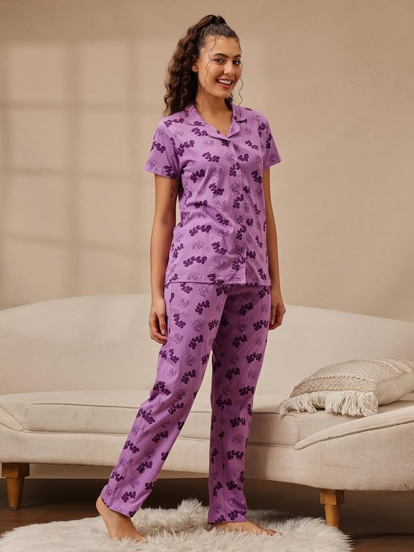 Women Cotton Button Down Pyjama Night Suit Set - Image 66