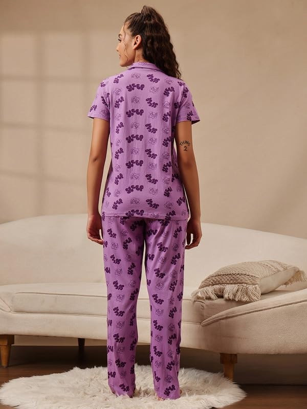 Women Cotton Button Down Pyjama Night Suit Set - Image 67