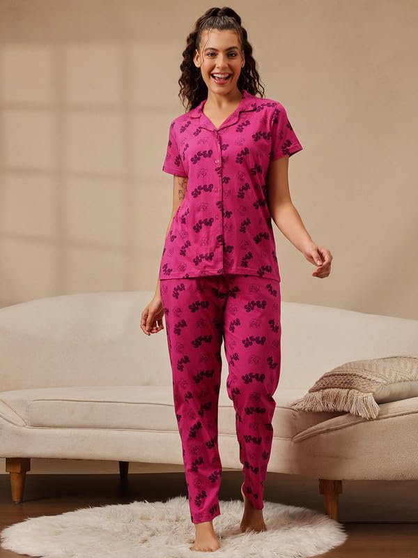 Women Cotton Button Down Pyjama Night Suit Set - Image 74